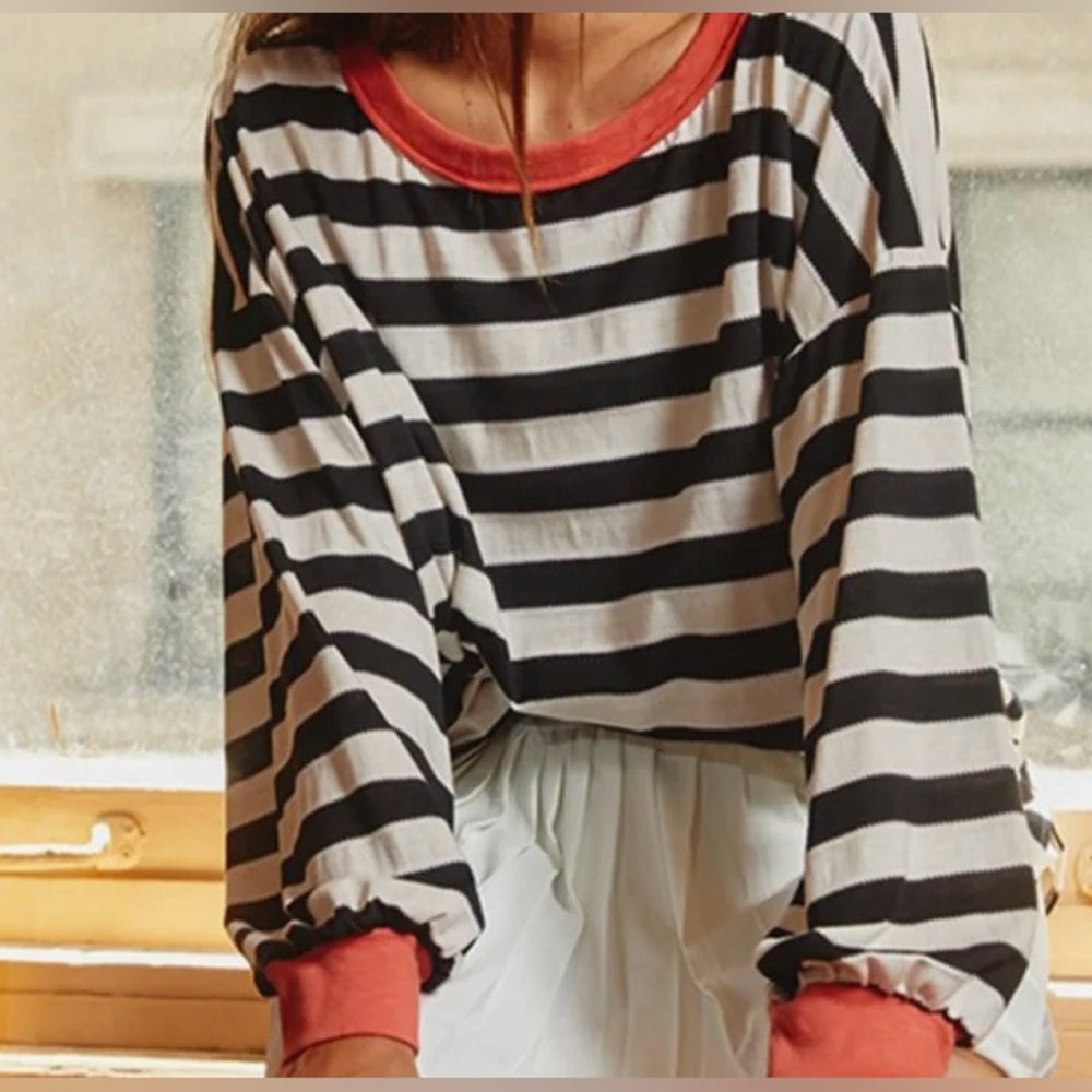 BUCKETLIST Top Black White Boatneck Drop Shoulders Striped  Coral Trim Sz Large